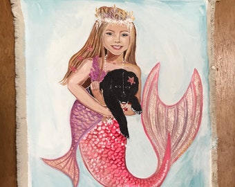 Personalized kids portrait painting on canvas with pet, the little mermaid, hand painted, gift ideas, custom colors, 12 x16, unframed