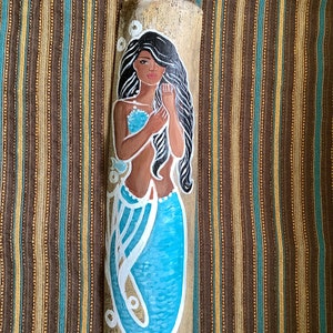 Beautiful dark hair Caribbean Mermaid on driftwood, Hand Painted Mermaid, coastal decor