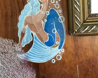 Beautiful detailed hand painted Blue mermaid decal, mermaid sticker, mermaid decor, bathroom decor, 14 x 6 inches