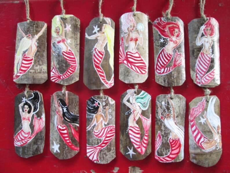 coastal christmas Mermaid ornaments candy cane ornaments whole sale home decor,rustic mermaid decor Coastal christmas