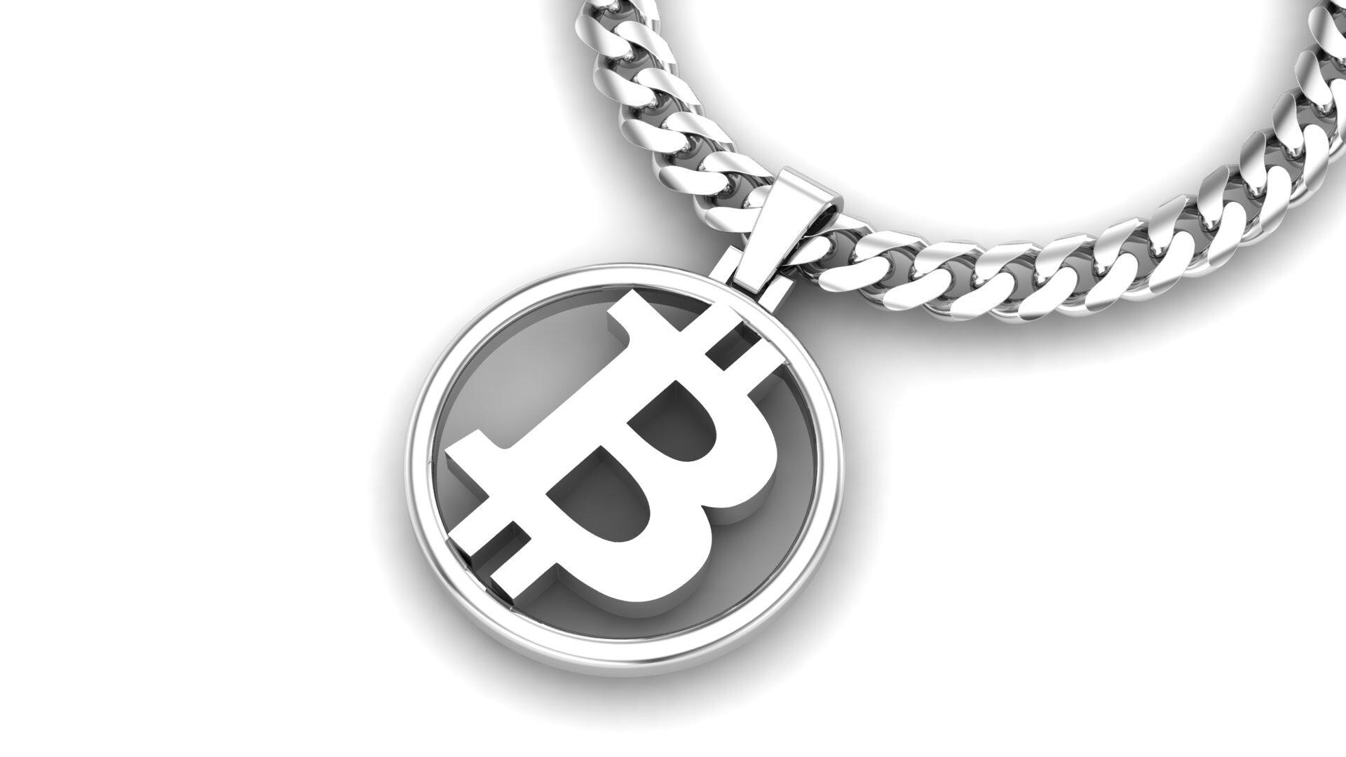Solid 10K White Gold Bitcoin (BTC) Cryptocurrency Sign Coin Medal Pendant  Necklace (16