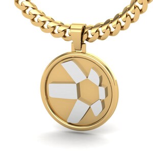 Puede incluir: Un collar de cadena de oro con un colgante redondo que presenta un diseño geométrico blanco.