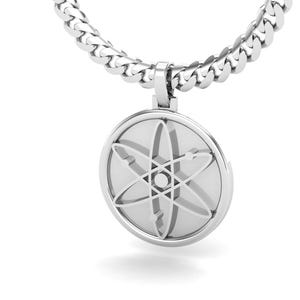 May include: Silver necklace with a round pendant featuring a stylized atom symbol.