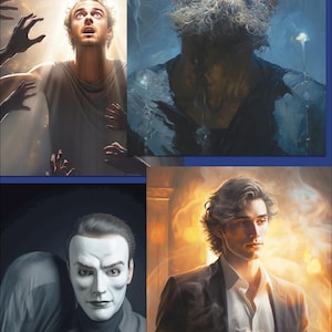 May include: A digital art collage featuring four portraits. The top left shows a man looking upward with hands reaching towards him. The top right depicts an older man with a long beard. The bottom left shows a man with white face paint. The bottom right shows a man holding a cup.