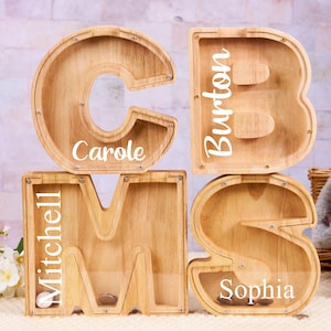 Alcancía con nombre personalizado para niños, alcancía con letras personalizadas, regalo para nietos, regalos de Navidad para niños, alcancía de madera, alcancía de madera con alfabeto
