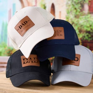 Custom Kids Name Dad Hat, Personalized Fathers Day Gift, Leather Patch Hat, Dad and Kids Name Trucker Hat, Dad Hat, Grandpa Hat Gift, Papa
