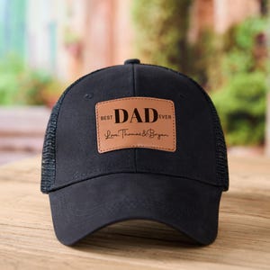 Best Dad Ever Trucker Hat,Personalized Dad Hat w/Kids Name,Fathers Day Gifts, Leather Patch Hat,Dad Baseball Hats,Custom Cap for Dad Grandpa