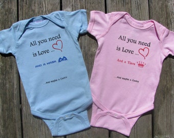 Boy Girl Twin Set.  All You Need Is Love Twin baby bodysuits.  White Long Sleeves available