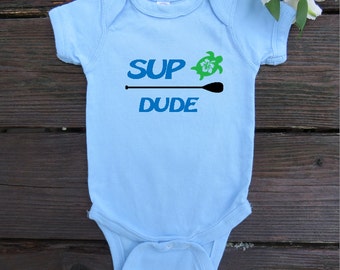 Stand Up Paddle board SUP Dude infant bodysuit.  White Long Sleeve available