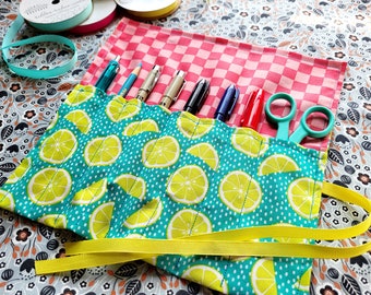 Crochet Hook Roll, Art and Craft Tool Organizer, Pen Case Pouch Lemon Pink Checker