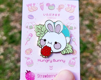 Hard Enamel Pins - Strawberry Bunny - Jewelry, Gifts for cute animal lovers