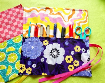 Crochet Hook Roll, Art and Craft Tool Organizer, Pen Case Pouch Purple Flowers Tropical Groovy