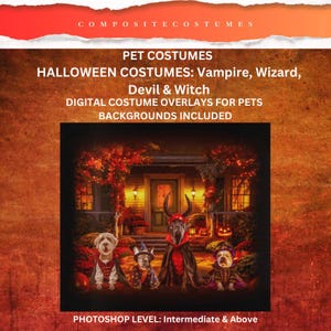May include: Digital pet costume overlays for Halloween. The image shows dogs dressed as a vampire, wizard, and devil in front of a spooky house. The text reads "Composite Costumes" and "Photoshop Level: Intermediate & Above."