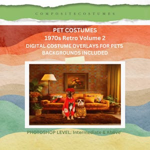 以下が含まれることがあります： ペット用デジタルコスチュームオーバーレイの広告。「PET COSTUMES 1970s Retro Volume 2」と書かれたテキスト。画像には、1970年代風の衣装を着た2匹の犬が、レトロスタイルのソファの前にある茶色のラグの上に座っている様子が写っています。