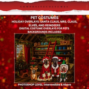 Pet Holiday Costume Overlays for Pet Portrait Digital Costumes Santa Mrs. Claus Elf & Reindeer for Photoshop Christmas Background Pet Gift