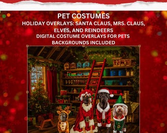 Superposiciones digitales de disfraces navideños para mascotas, trajes de Papá Noel, elfo y reno para perros y gatos, recursos navideños para mascotas en Photoshop, fondos para taller de Papá Noel