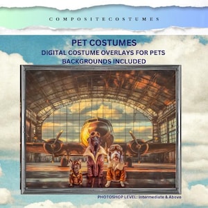 May include: Digital pet costume overlays with backgrounds included. The image shows three dogs dressed in aviator costumes in front of an airplane. The text at the top says "COMPOSITECOSTUMES" and "PET COSTUMES". The text at the bottom says "PHOTOSHOP LEVEL: Intermediate & Above".