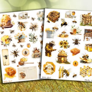 2 planches de stickers autocollants sur le thème des abeilles, idéal album de scrap, carterie carnet, bullet, bujo