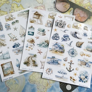 Set de 1 à 3 stickers : vacances à la mer, voyages, plage pour album de scrap, carterie carnet, bullet, bujo