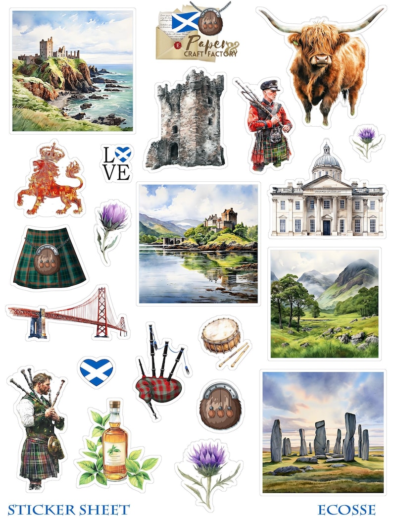 Sheets of Ireland & Scotland self-adhesive stickers: perfect for a photo album, travel journal... Ecosse