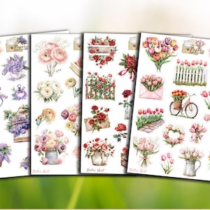 Set di 4 adesivi con fiori primaverili, per scrapbooking, creazione di biglietti, quaderni, bullet journal e creazioni varie
