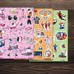 3 planches de stickers autocollants sports : foot, basket et fitness parfait pour album de scrap, carterie carnet, bullet, bujo
