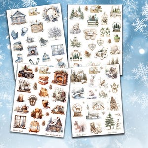 Jusqu'à 4 planches de stickers Hiver, neige, glace, tout pour agrémenter albums de scrap, planner, bujo et carterie