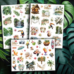 2 hojas de pegatinas de vacaciones exóticas y tropicales perfectas para álbumes de recortes, tarjetas, balas y bujo.