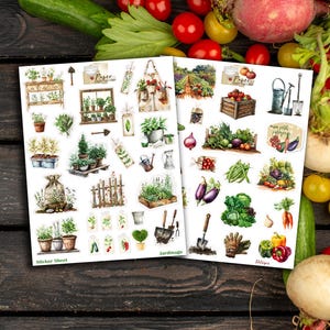 Planches de stickers jardinage & potager pour les albums de scrap, cartes, carnet, bullet, bujo autour du jardin