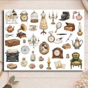 Sheet of chic vintage-style stickers for scrapbooking, card making, notebooks, bullet journals, mixed media