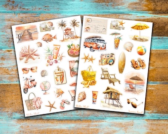 Arkusze samoprzylepnych naklejek z motywem letniej plaży do albumów scrapbookingowych, tworzenia kartek, notatników, dzienników typu bullet journal, bujo