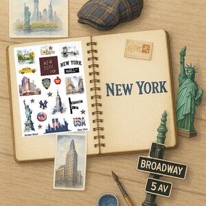 Planche de stickers autocollants " New-York" pour album de scrap, carterie, carnet, bullet, bujo, planner