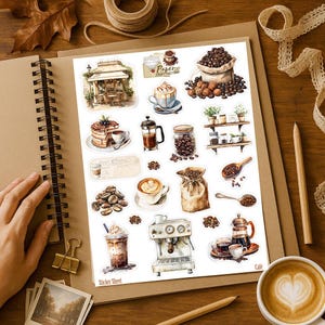 Planche de stickers sur le café pour décorer les carnets, albums de scrap, carterie, bullet journal