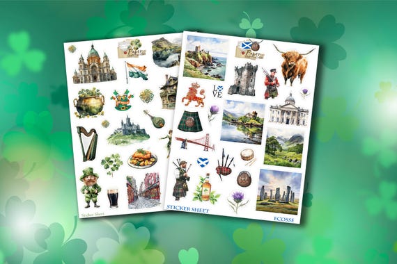 Planches de stickers autocollants Irlande & Ecosse : parfaite pour un album photo, carnet de voyage...