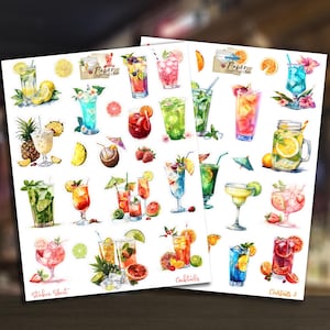 Stickers autocollants cocktails et boissons, parfait pour album de scrap, carterie, carnet, bullet, bujo