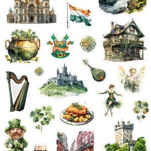May include: A sticker sheet featuring watercolor illustrations of Irish landmarks and symbols. Includes a castle, a harp, a leprechaun, a pot of gold, a flag, and a fairy. The text "Sticker Sheet" and "Irlande" are also present.
