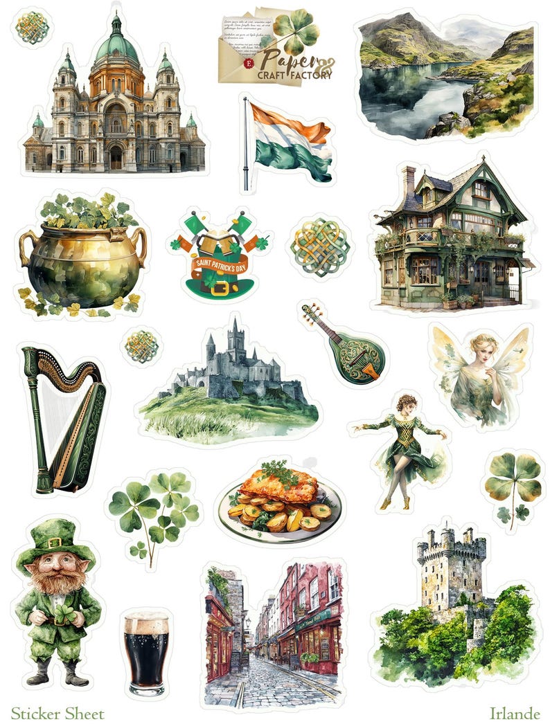 May include: A sticker sheet featuring watercolor illustrations of Irish landmarks and symbols. Includes a castle, a harp, a leprechaun, a pot of gold, a flag, and a fairy. The text "Sticker Sheet" and "Irlande" are also present.