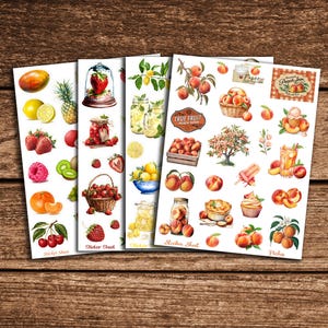 4 planches de stickers autocollants fruits, parfait pour album de scrap, carterie, carnet, bullet, bujo