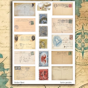 Planche de stickers cartes postales et timbres pour album de scrap, carterie, carnet, bullet, bujo, planner