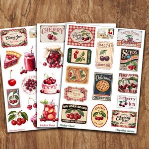 Planches de stickers autocollants cerises : parfait pour album de scrap, carterie carnet, bullet, bujo