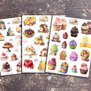 Set de 3 planches de stickers autocollants gâteaux & cupcakes pour album de scrap, carterie, carnet, bullet, bujo et toutes vos créations