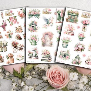 Peut inclure: Trois feuilles d'autocollants avec une variété d'images dans un style vintage. Les autocollants comprennent des images de fleurs, d'oiseaux, de bicyclettes, de maisons et d'autres objets. Les autocollants sont parfaits pour ajouter une touche de charme vintage à votre agenda, votre journal ou votre album.