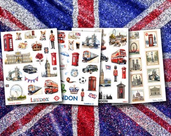 May include: Three sheets of stickers featuring London themed illustrations. The stickers include images of red double-decker buses, red telephone booths, Big Ben, the London Eye, and Buckingham Palace. The stickers are printed on white paper with a glossy finish.