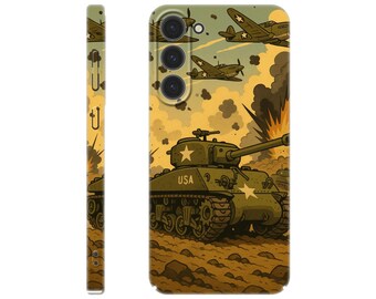 Könnte beinhalten: Ein grüner und brauner Militärpanzer mit der Aufschrift "USA" an der Seite, der durch ein Feld mit Explosionen und fliegenden Flugzeugen im Hintergrund fährt.