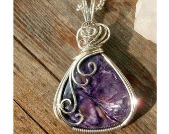 Purple Charoite Cabochon Sterling Silver Wire Wrapped Pendant Handmade Wire Jewelry Perfectly Twisted Jewelry Russian Charoite Cabochon