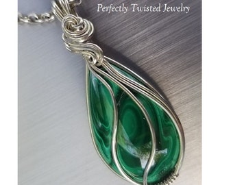 Malachite and Fine Silver Wire Wrapped Pendant handmade by Perfectly Twisted Jewelry Designer Cabochon Wire Wrapped Necklace