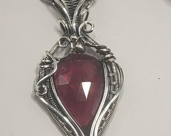 Faceted Garnet Slice Pendant, Sterling Silver Wire Weave, Oxidized Jewelry, 18 Inch Chain