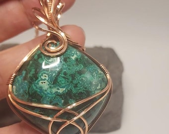 Chrysocolla Malachite Pendant Necklace, Large Copper Wire Wrapped Stone, Blue Green Gemstone, Statement Jewelry, 20 Inch Chain