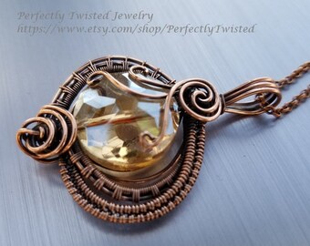 Wire Weaved Copper and Glass Crystal Pendant, Handmade Wire Wrapped Jewelry by Perfectly Twisted Jewelry, Weaved Fantasy Bling Pendant