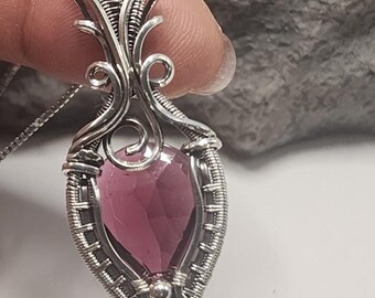 Faceted Garnet Slice Pendant, Sterling Silver Wire Weave, Oxidized Silver Jewelry, 18 Inch Chain